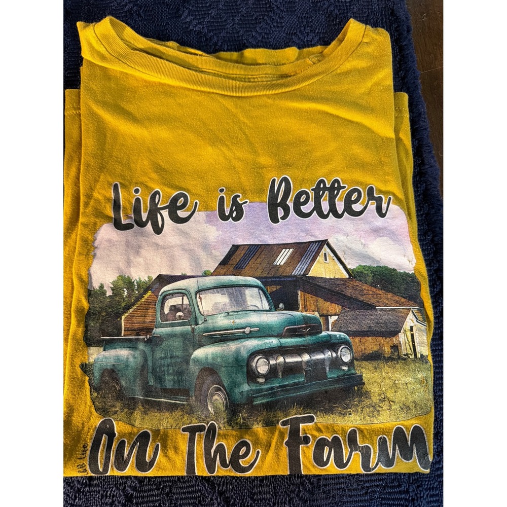 Bella Canvas Mustard Yellow Graphic Tee Life is Better On The Farm Truck Large